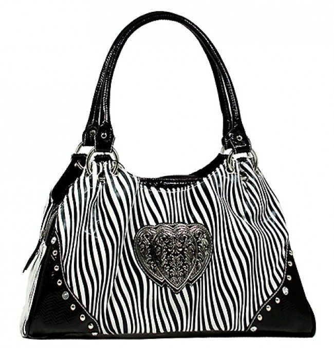 Animal Zebra Print Satchel Bags w/ 3-Heart Charm - White - BG-108HZ-WT